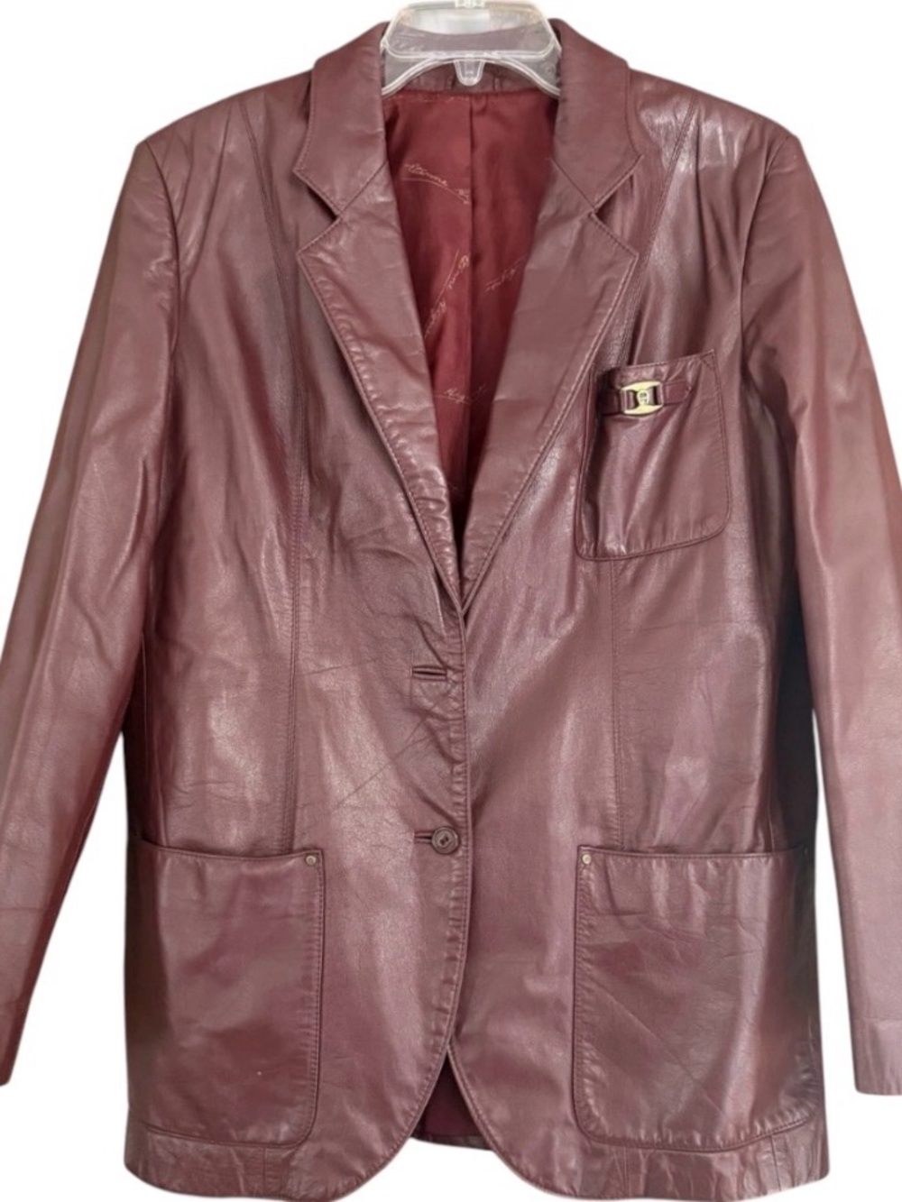 Vintage Etiene Agner Woman's Size 16 Dark Maroon Red Leather Blazer Jacket Coat